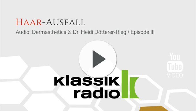 Im Vordergrund des Bildes sind das Logo von Klassik Radio und ein Play-Button abgebildet. Im Hintergrund befindet sich eine Wabenstruktur mit goldenen Eyecatcher. Headline lautet: Haarausfall, Audio Dermasthetics & Dr. Heidi Dötterer-Rieg, Episode III.
